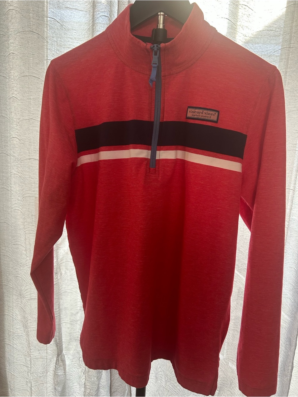 Vineyard Vines Red Quarter-Zip Pullover with Navy and White Stripes
